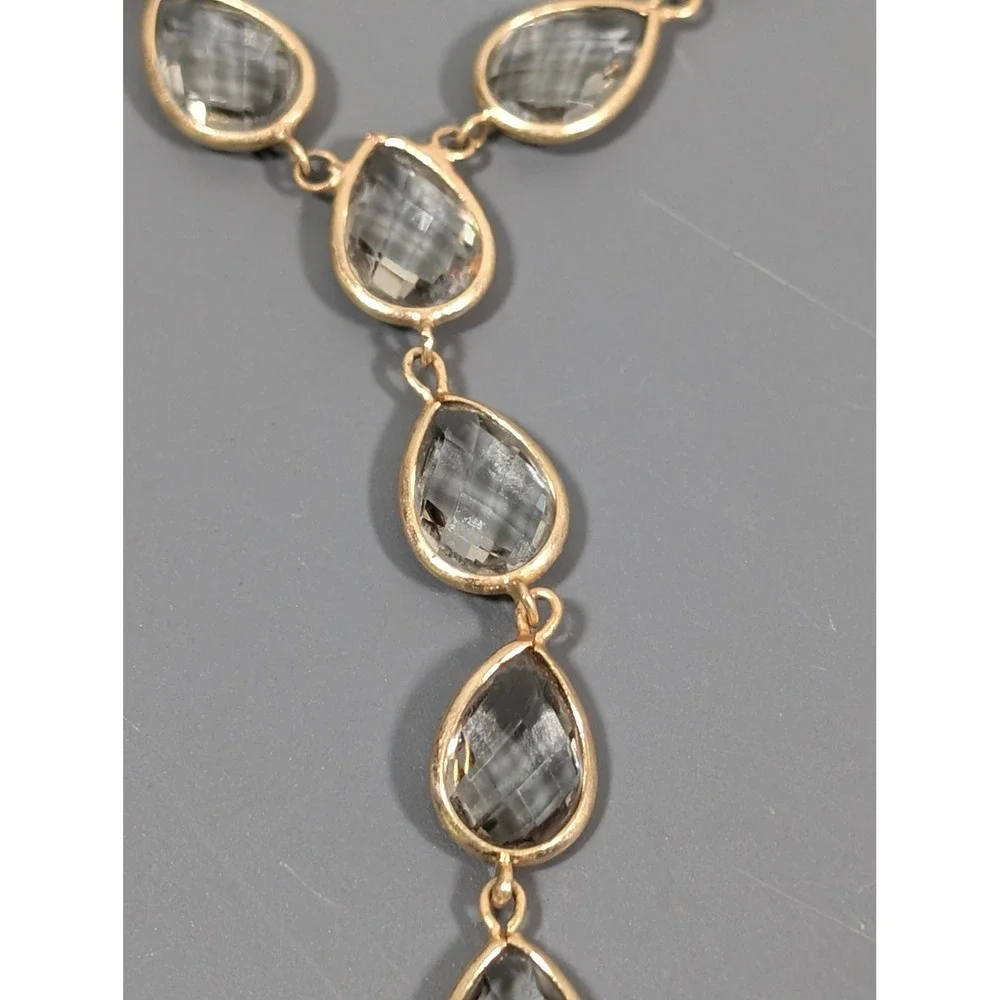 LOFT Gray Faceted Glass Y Necklace Gold Tone Teardrop‎ Bezels Lariat Style 22
